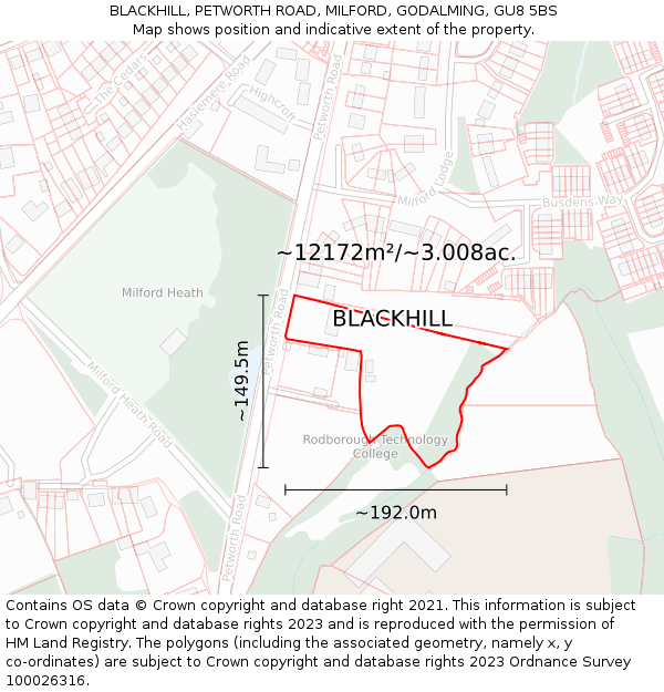 BLACKHILL, PETWORTH ROAD, MILFORD, GODALMING, GU8 5BS: Plot and title map