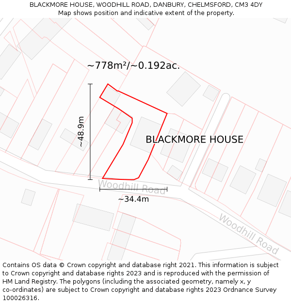 BLACKMORE HOUSE, WOODHILL ROAD, DANBURY, CHELMSFORD, CM3 4DY: Plot and title map