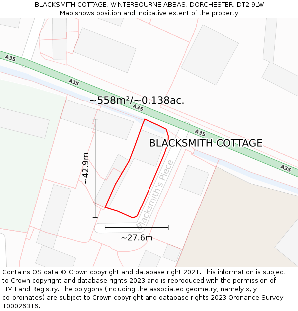 BLACKSMITH COTTAGE, WINTERBOURNE ABBAS, DORCHESTER, DT2 9LW: Plot and title map