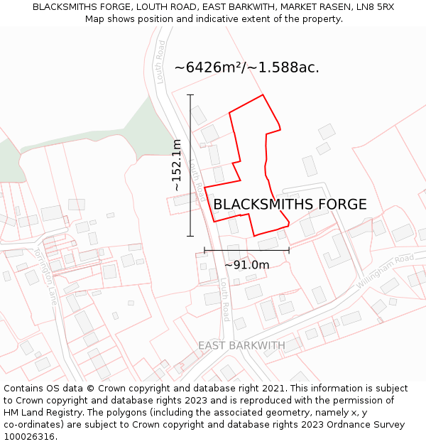 BLACKSMITHS FORGE, LOUTH ROAD, EAST BARKWITH, MARKET RASEN, LN8 5RX: Plot and title map