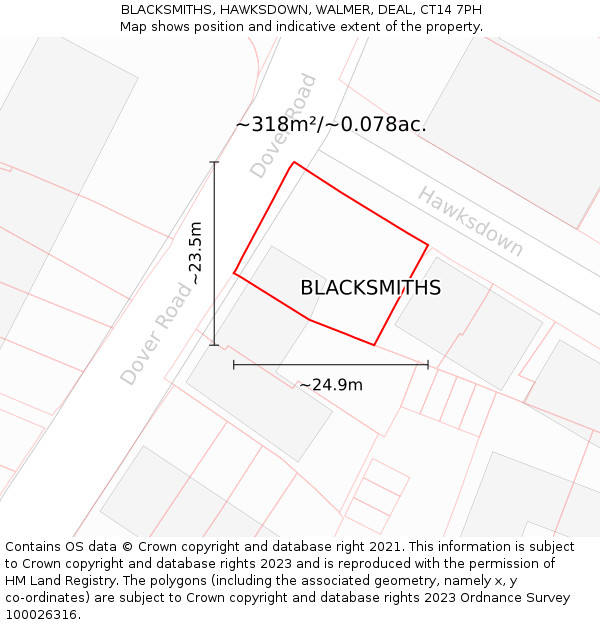 BLACKSMITHS, HAWKSDOWN, WALMER, DEAL, CT14 7PH: Plot and title map