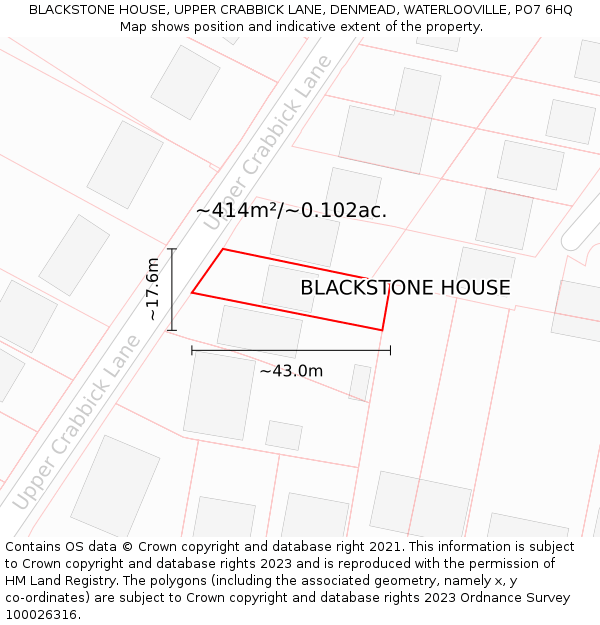 BLACKSTONE HOUSE, UPPER CRABBICK LANE, DENMEAD, WATERLOOVILLE, PO7 6HQ: Plot and title map