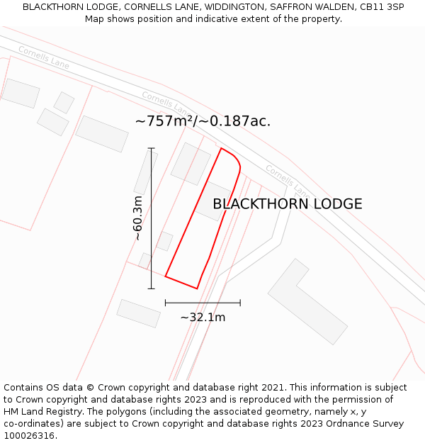 BLACKTHORN LODGE, CORNELLS LANE, WIDDINGTON, SAFFRON WALDEN, CB11 3SP: Plot and title map