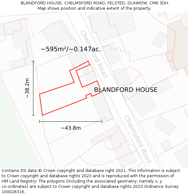 BLANDFORD HOUSE, CHELMSFORD ROAD, FELSTED, DUNMOW, CM6 3DH: Plot and title map