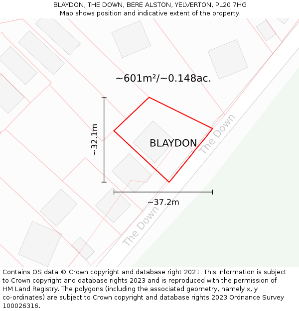 BLAYDON, THE DOWN, BERE ALSTON, YELVERTON, PL20 7HG: Plot and title map