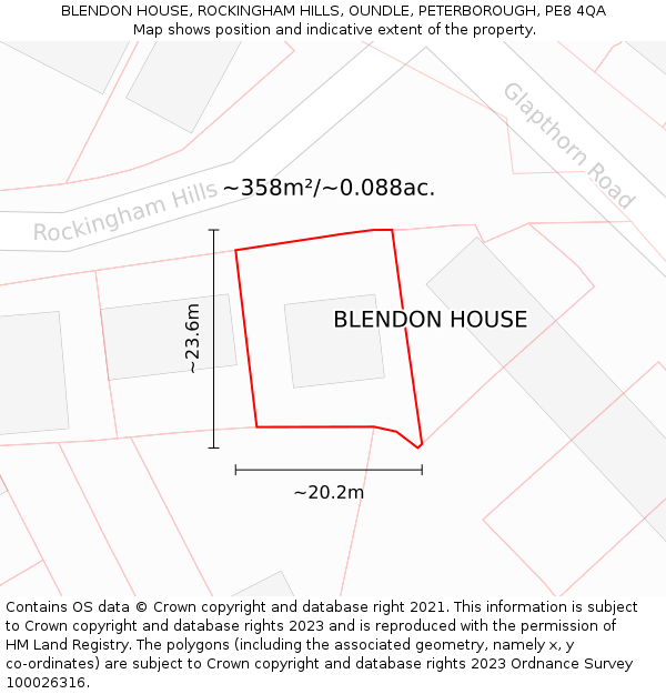 BLENDON HOUSE, ROCKINGHAM HILLS, OUNDLE, PETERBOROUGH, PE8 4QA: Plot and title map