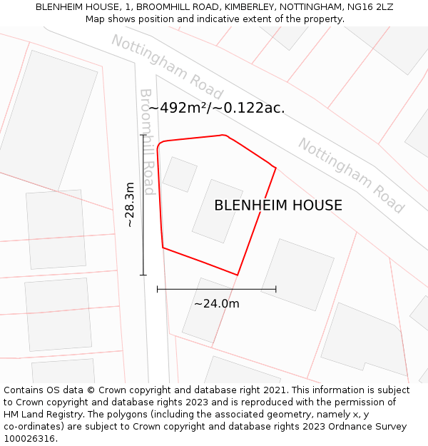 BLENHEIM HOUSE, 1, BROOMHILL ROAD, KIMBERLEY, NOTTINGHAM, NG16 2LZ: Plot and title map