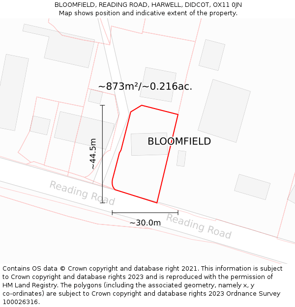 BLOOMFIELD, READING ROAD, HARWELL, DIDCOT, OX11 0JN: Plot and title map