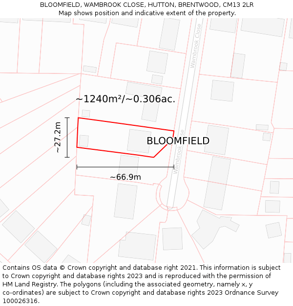 BLOOMFIELD, WAMBROOK CLOSE, HUTTON, BRENTWOOD, CM13 2LR: Plot and title map