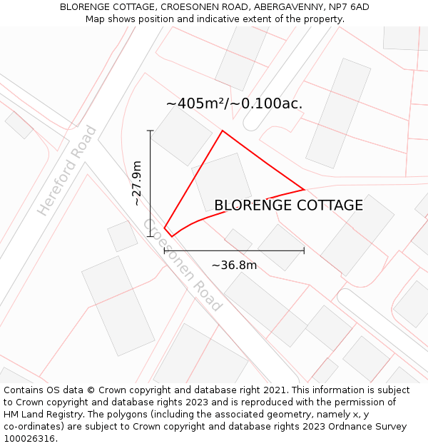 BLORENGE COTTAGE, CROESONEN ROAD, ABERGAVENNY, NP7 6AD: Plot and title map