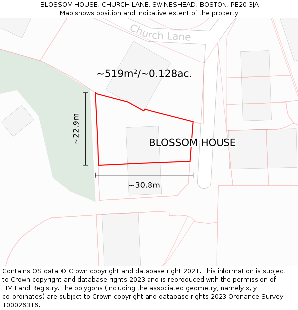 BLOSSOM HOUSE, CHURCH LANE, SWINESHEAD, BOSTON, PE20 3JA: Plot and title map