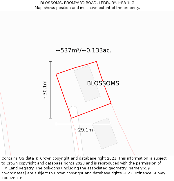 BLOSSOMS, BROMYARD ROAD, LEDBURY, HR8 1LG: Plot and title map