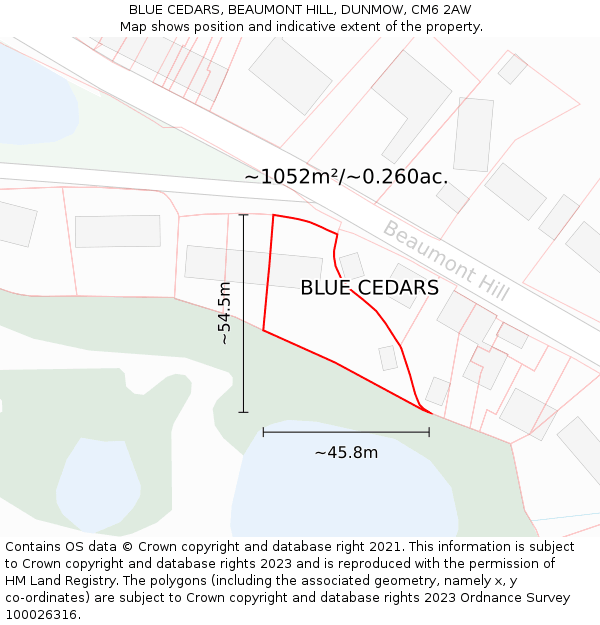 BLUE CEDARS, BEAUMONT HILL, DUNMOW, CM6 2AW: Plot and title map