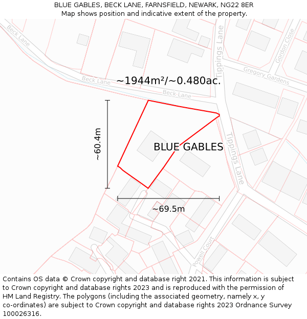 BLUE GABLES, BECK LANE, FARNSFIELD, NEWARK, NG22 8ER: Plot and title map