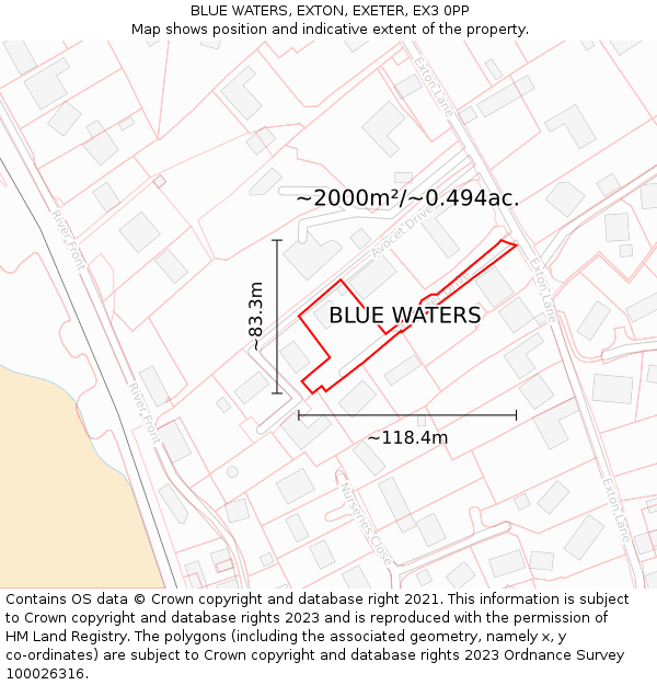 BLUE WATERS, EXTON, EXETER, EX3 0PP: Plot and title map