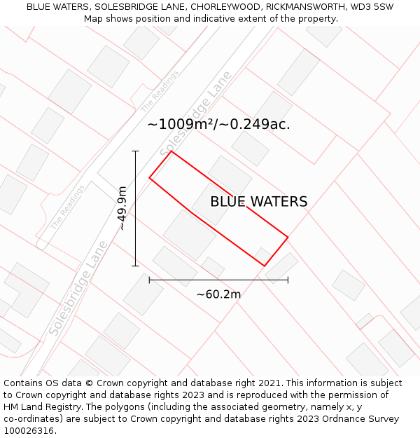 BLUE WATERS, SOLESBRIDGE LANE, CHORLEYWOOD, RICKMANSWORTH, WD3 5SW: Plot and title map