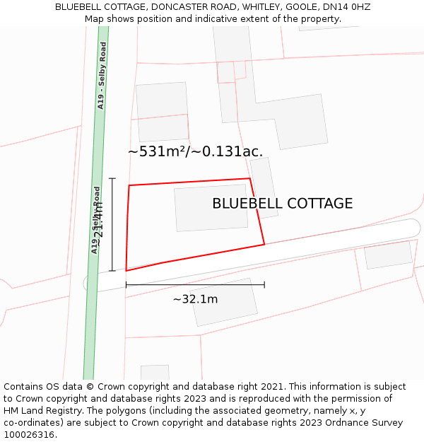 BLUEBELL COTTAGE, DONCASTER ROAD, WHITLEY, GOOLE, DN14 0HZ: Plot and title map