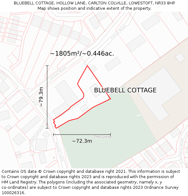BLUEBELL COTTAGE, HOLLOW LANE, CARLTON COLVILLE, LOWESTOFT, NR33 8HP: Plot and title map