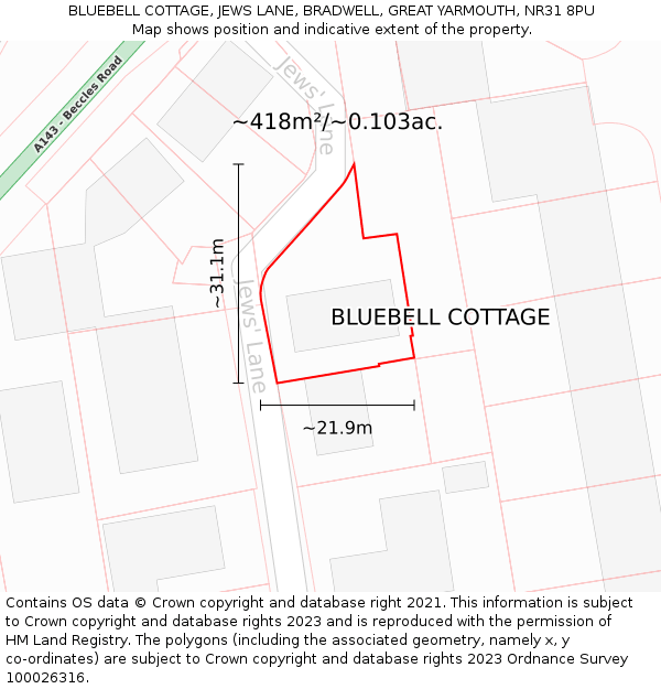 BLUEBELL COTTAGE, JEWS LANE, BRADWELL, GREAT YARMOUTH, NR31 8PU: Plot and title map