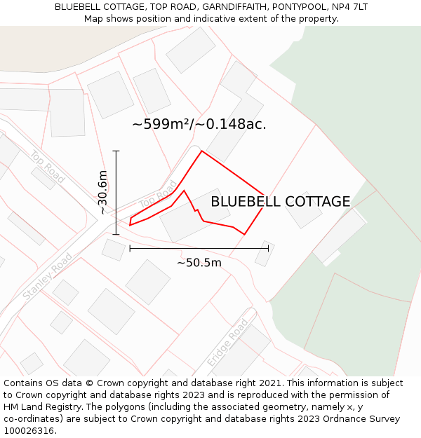 BLUEBELL COTTAGE, TOP ROAD, GARNDIFFAITH, PONTYPOOL, NP4 7LT: Plot and title map