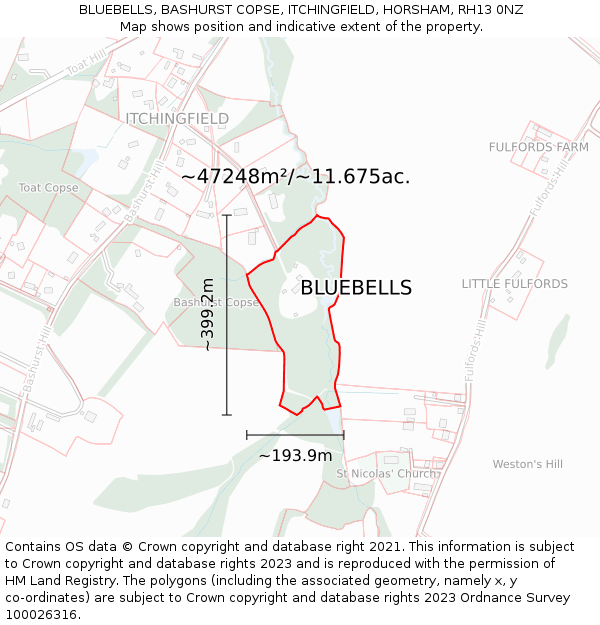 BLUEBELLS, BASHURST COPSE, ITCHINGFIELD, HORSHAM, RH13 0NZ: Plot and title map