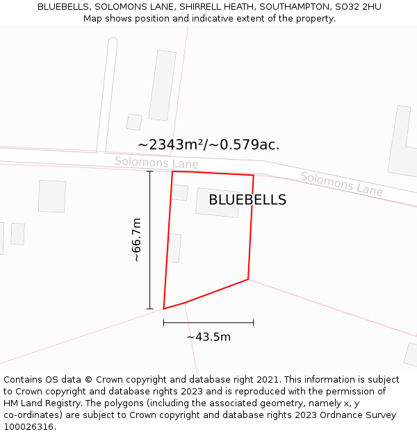 BLUEBELLS, SOLOMONS LANE, SHIRRELL HEATH, SOUTHAMPTON, SO32 2HU: Plot and title map