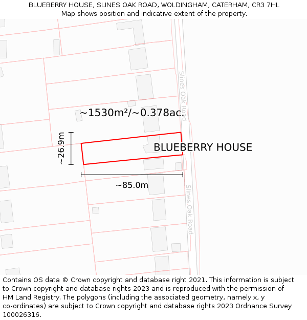 BLUEBERRY HOUSE, SLINES OAK ROAD, WOLDINGHAM, CATERHAM, CR3 7HL: Plot and title map