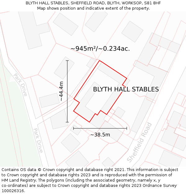 BLYTH HALL STABLES, SHEFFIELD ROAD, BLYTH, WORKSOP, S81 8HF: Plot and title map