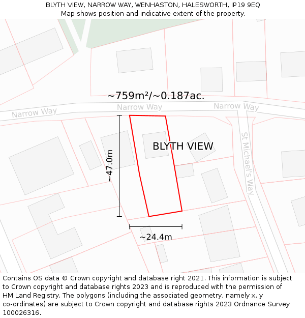BLYTH VIEW, NARROW WAY, WENHASTON, HALESWORTH, IP19 9EQ: Plot and title map