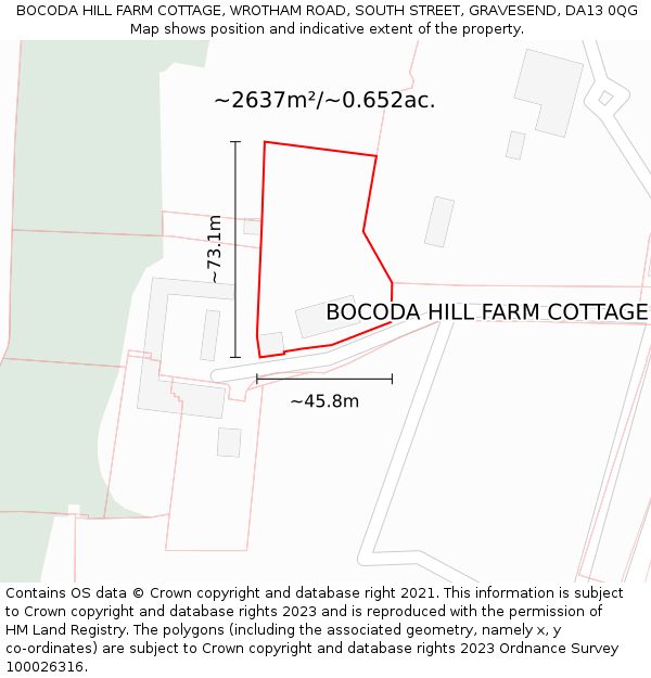 BOCODA HILL FARM COTTAGE, WROTHAM ROAD, SOUTH STREET, GRAVESEND, DA13 0QG: Plot and title map