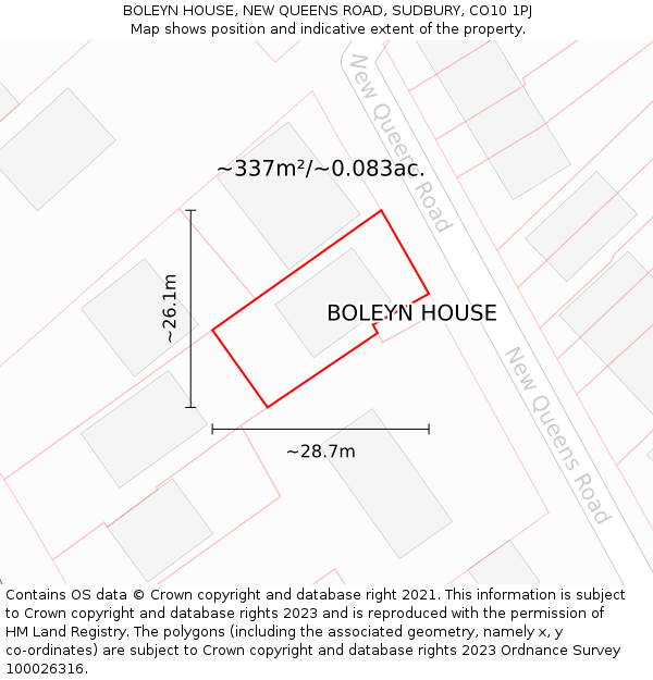 BOLEYN HOUSE, NEW QUEENS ROAD, SUDBURY, CO10 1PJ: Plot and title map