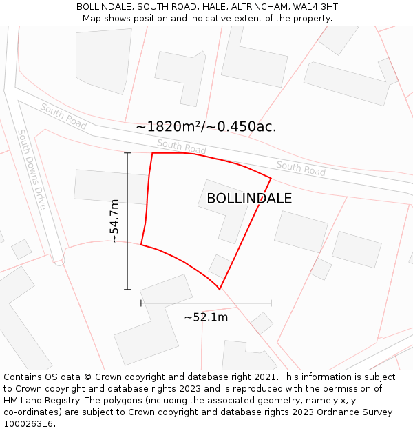 BOLLINDALE, SOUTH ROAD, HALE, ALTRINCHAM, WA14 3HT: Plot and title map