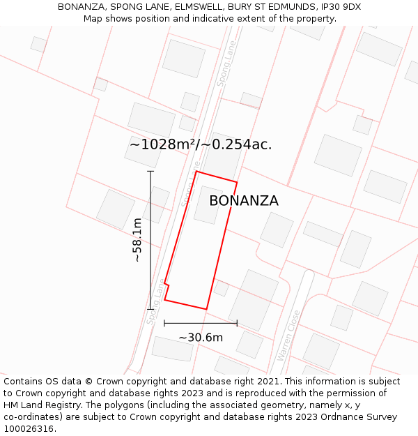 BONANZA, SPONG LANE, ELMSWELL, BURY ST EDMUNDS, IP30 9DX: Plot and title map