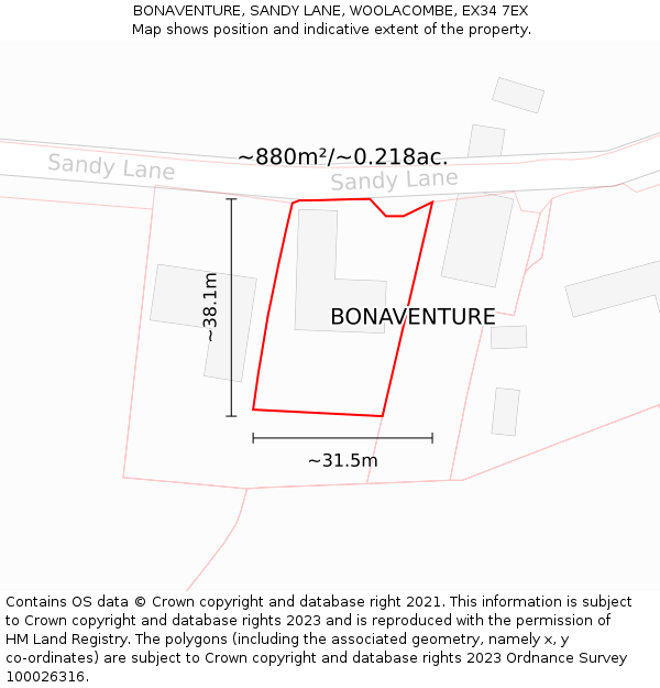 BONAVENTURE, SANDY LANE, WOOLACOMBE, EX34 7EX: Plot and title map