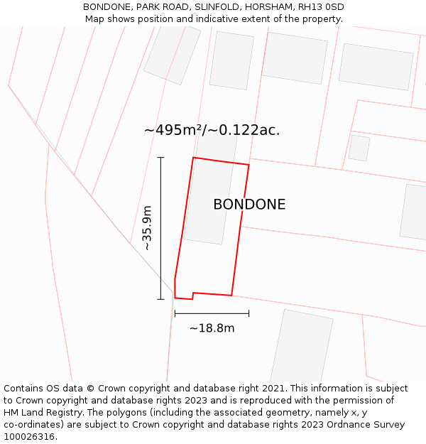 BONDONE, PARK ROAD, SLINFOLD, HORSHAM, RH13 0SD: Plot and title map