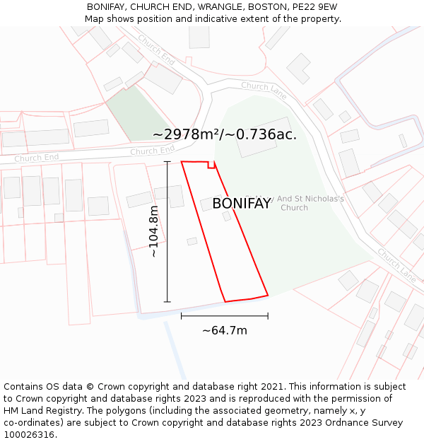 BONIFAY, CHURCH END, WRANGLE, BOSTON, PE22 9EW: Plot and title map