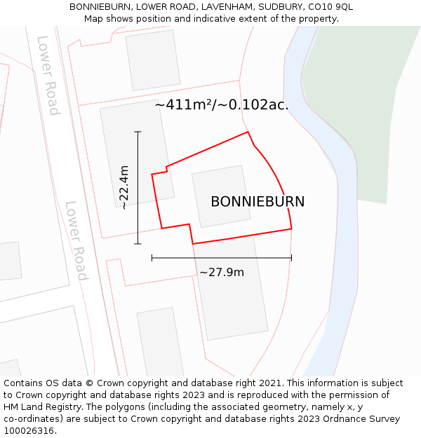 BONNIEBURN, LOWER ROAD, LAVENHAM, SUDBURY, CO10 9QL: Plot and title map