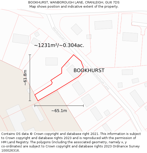 BOOKHURST, WANBOROUGH LANE, CRANLEIGH, GU6 7DS: Plot and title map