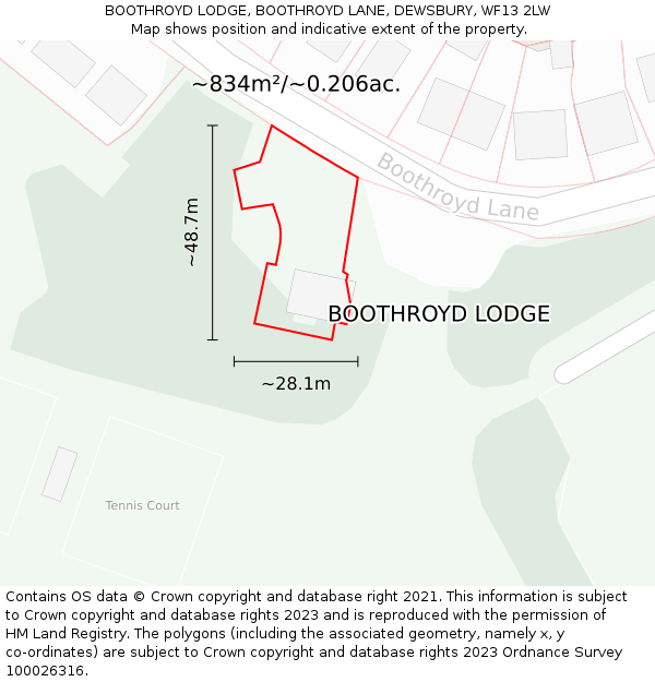BOOTHROYD LODGE, BOOTHROYD LANE, DEWSBURY, WF13 2LW: Plot and title map