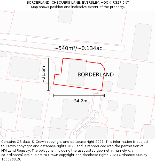 BORDERLAND, CHEQUERS LANE, EVERSLEY, HOOK, RG27 0NT: Plot and title map