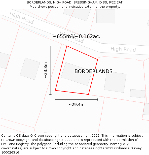 BORDERLANDS, HIGH ROAD, BRESSINGHAM, DISS, IP22 2AT: Plot and title map