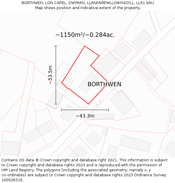 BORTHWEN, LON CAPEL, DWYRAN, LLANFAIRPWLLGWYNGYLL, LL61 6AU: Plot and title map