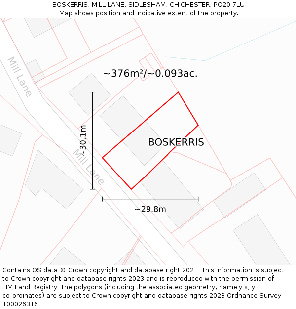 BOSKERRIS, MILL LANE, SIDLESHAM, CHICHESTER, PO20 7LU: Plot and title map