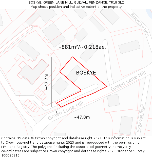 BOSKYE, GREEN LANE HILL, GULVAL, PENZANCE, TR18 3LZ: Plot and title map