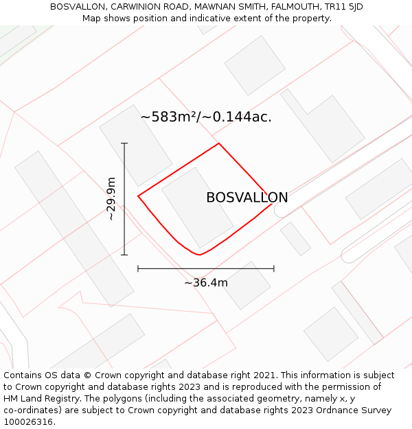 BOSVALLON, CARWINION ROAD, MAWNAN SMITH, FALMOUTH, TR11 5JD: Plot and title map