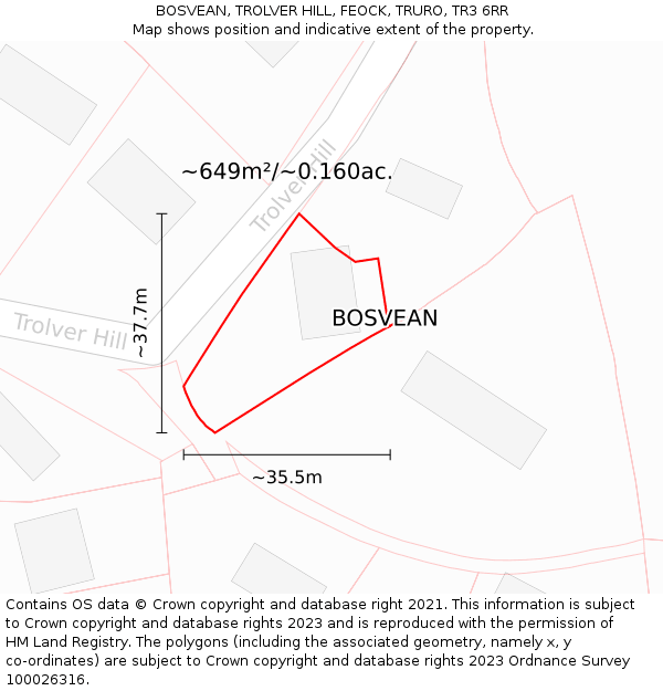BOSVEAN, TROLVER HILL, FEOCK, TRURO, TR3 6RR: Plot and title map