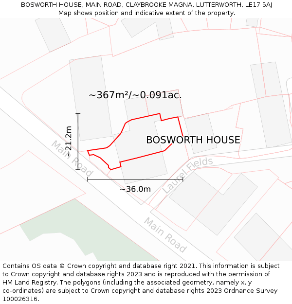 BOSWORTH HOUSE, MAIN ROAD, CLAYBROOKE MAGNA, LUTTERWORTH, LE17 5AJ: Plot and title map