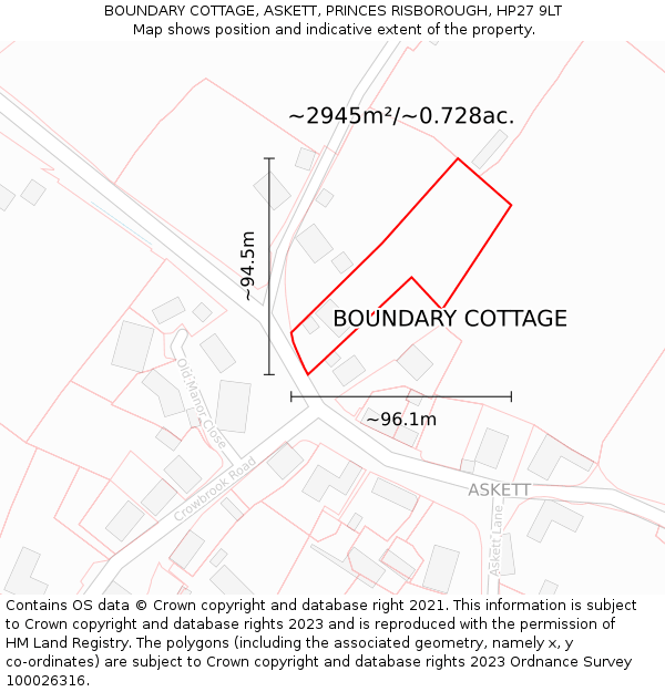 BOUNDARY COTTAGE, ASKETT, PRINCES RISBOROUGH, HP27 9LT: Plot and title map