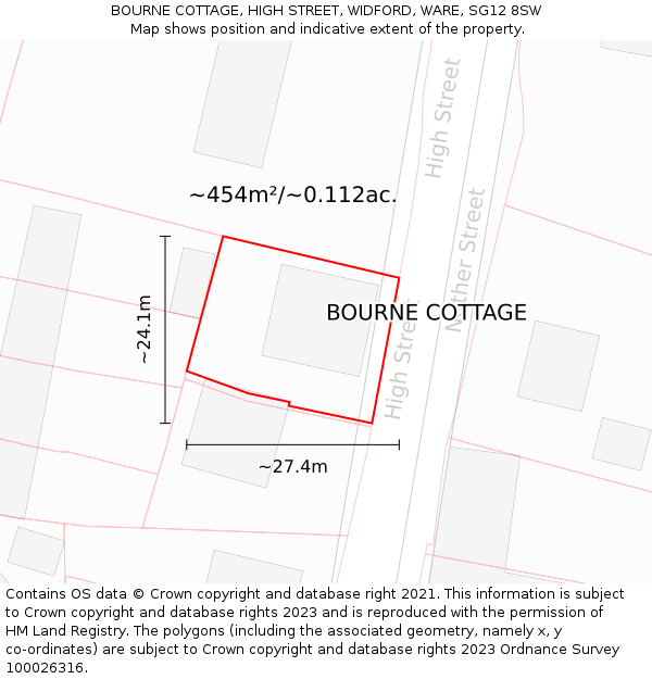 BOURNE COTTAGE, HIGH STREET, WIDFORD, WARE, SG12 8SW: Plot and title map