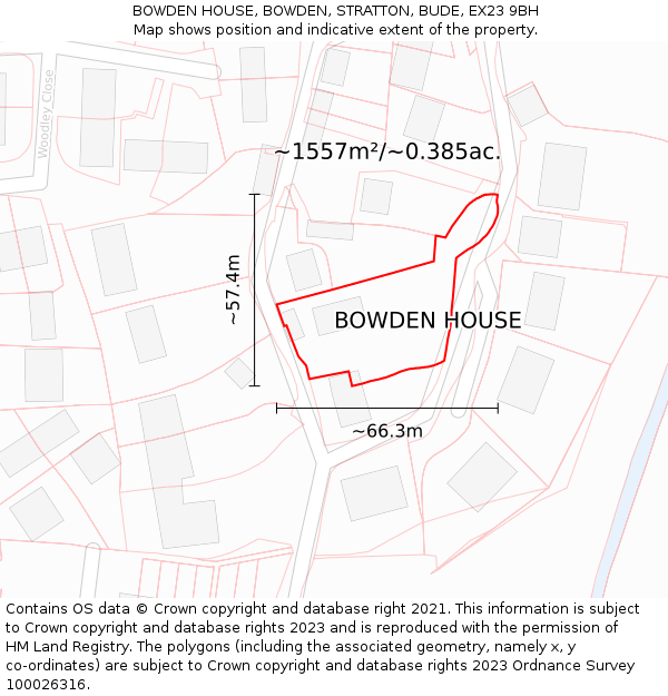 BOWDEN HOUSE, BOWDEN, STRATTON, BUDE, EX23 9BH: Plot and title map